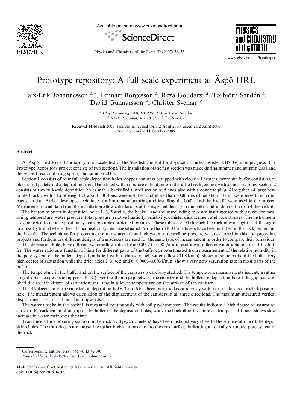 Prototype repository: A full scale experiment at Ãspö HRL