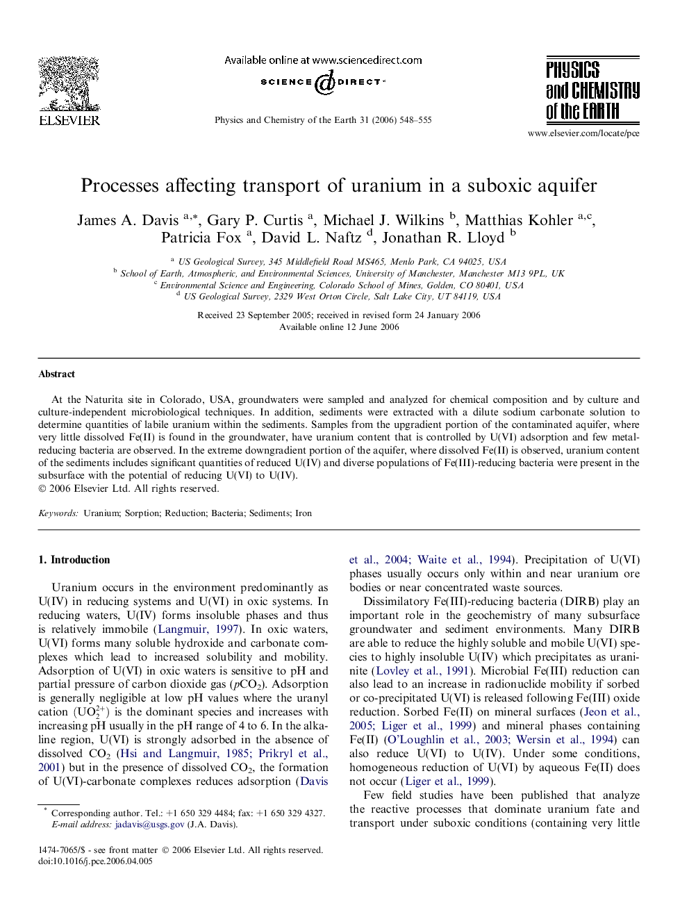 Processes affecting transport of uranium in a suboxic aquifer