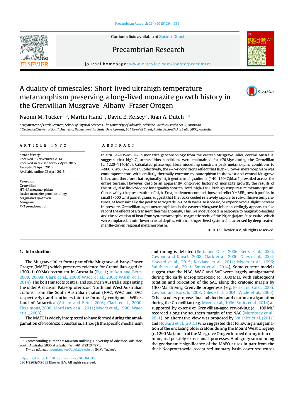 A duality of timescales: Short-lived ultrahigh temperature metamorphism preserving a long-lived monazite growth history in the Grenvillian Musgrave–Albany–Fraser Orogen