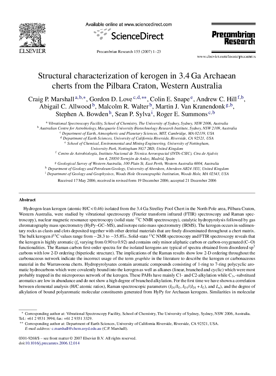 Structural characterization of kerogen in 3.4 Ga Archaean cherts from the Pilbara Craton, Western Australia