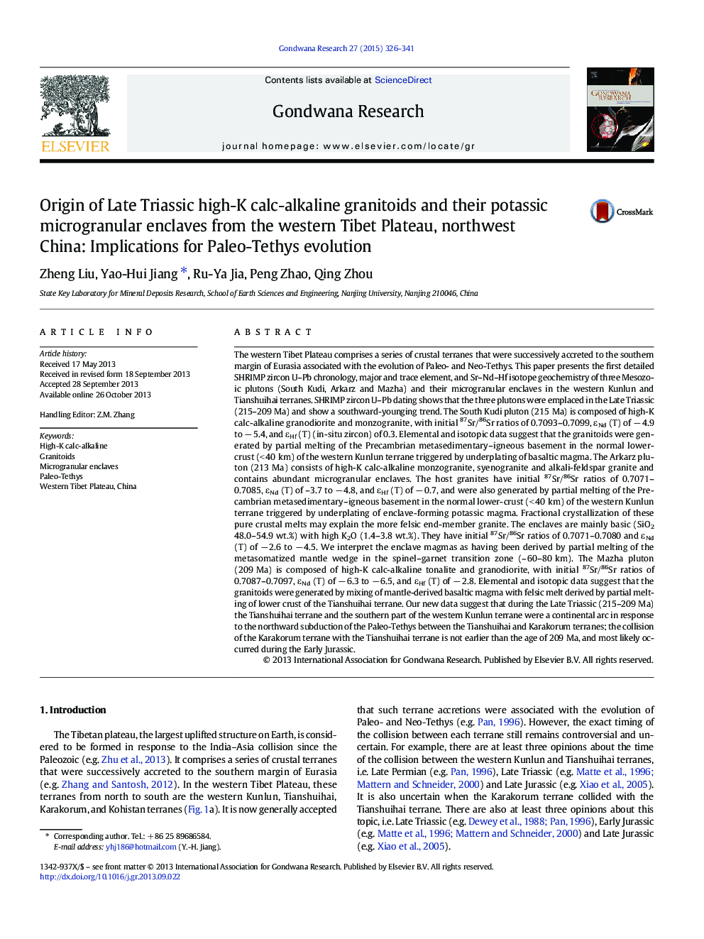 منشا گرانیتویدها کالک-قلیایی بالایی از تریاس بالا و انلواکهای میکرو گرانول پتاسیم از پلاتو غربی تبت، شمال غربی چین: پیامدهای تکامل پالو تتیس 