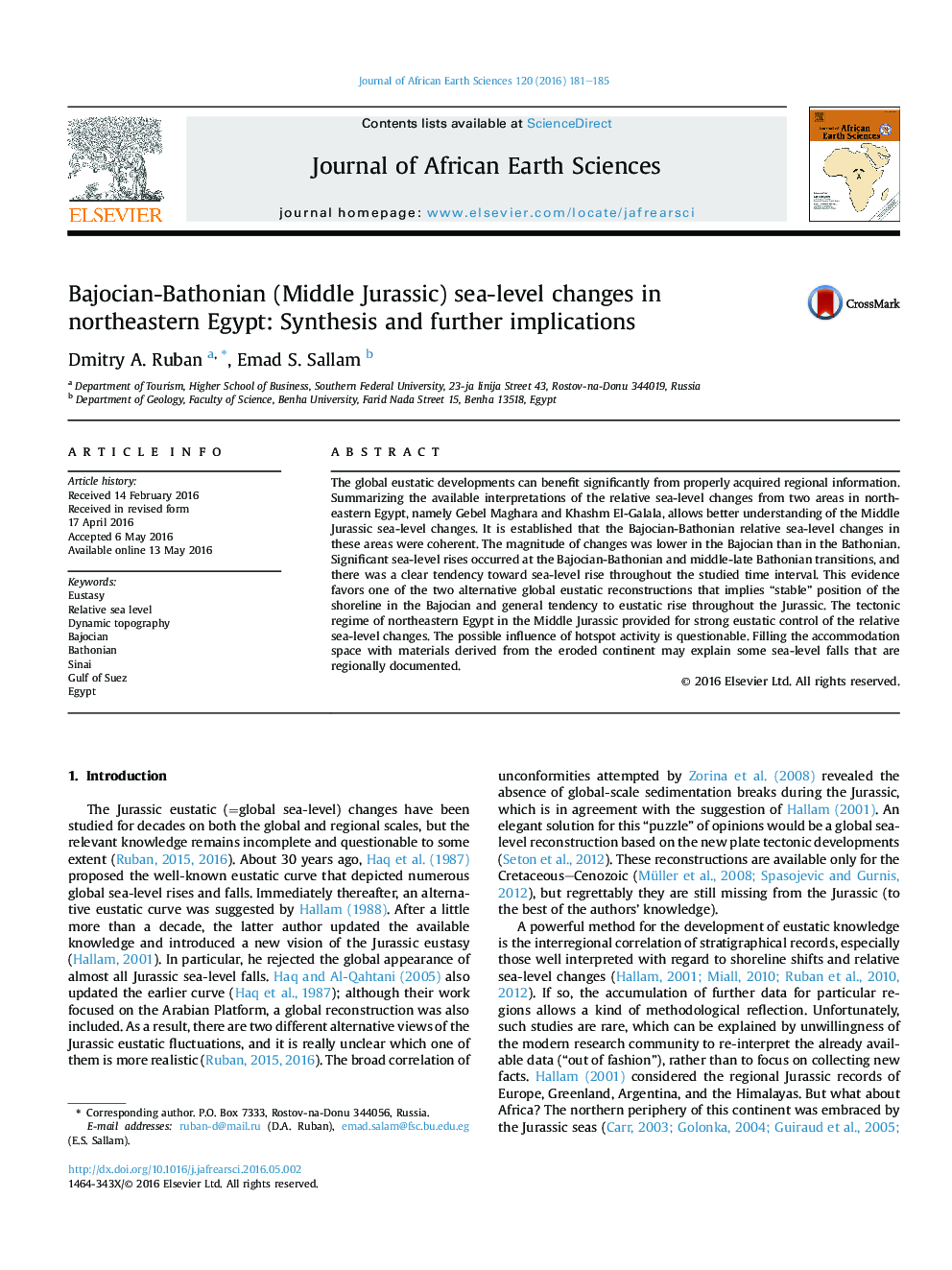 تغییرات سطح دریا Bajocian-Bathonian (Middle Jurassic) در شمال شرقی مصر: سنتز و پیامدهای بعدی