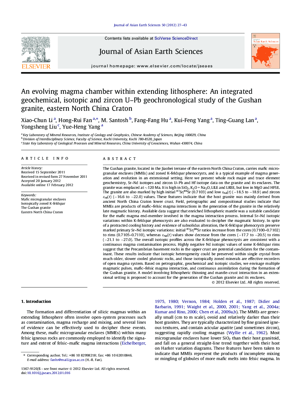 An evolving magma chamber within extending lithosphere: An integrated geochemical, isotopic and zircon U-Pb geochronological study of the Gushan granite, eastern North China Craton