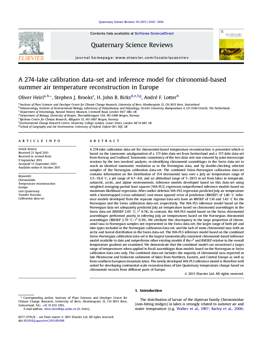 A 274-lake calibration data-set and inference model for chironomid-based summer air temperature reconstruction in Europe