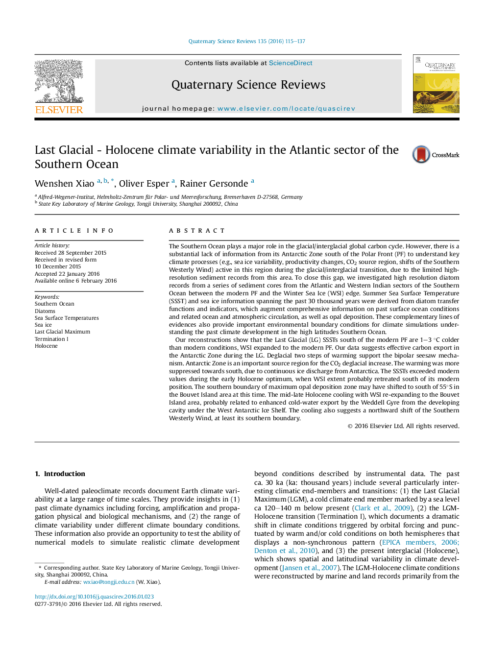 Last Glacial - Holocene climate variability in the Atlantic sector of the Southern Ocean