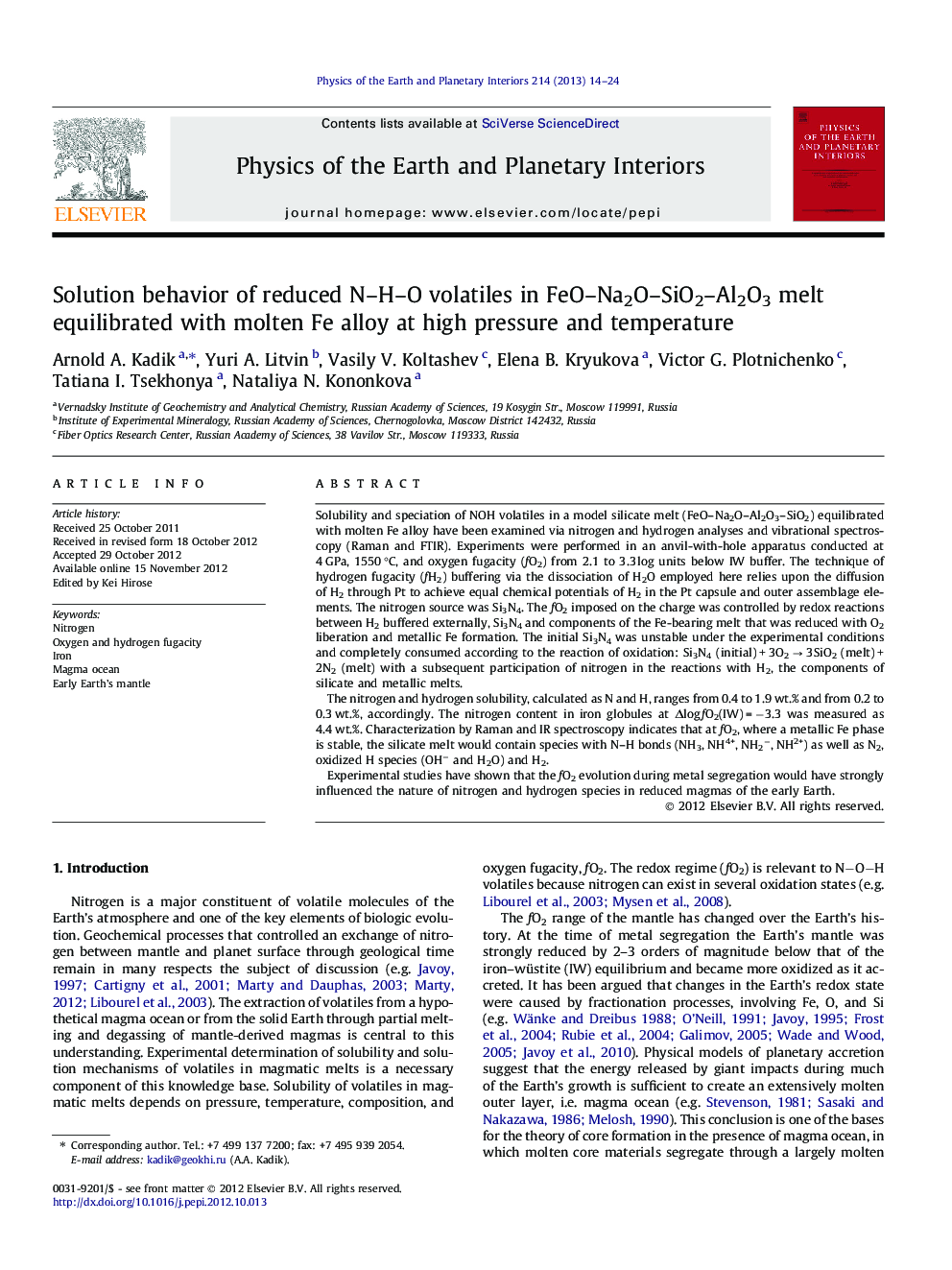 Solution behavior of reduced N–H–O volatiles in FeO–Na2O–SiO2–Al2O3 melt equilibrated with molten Fe alloy at high pressure and temperature