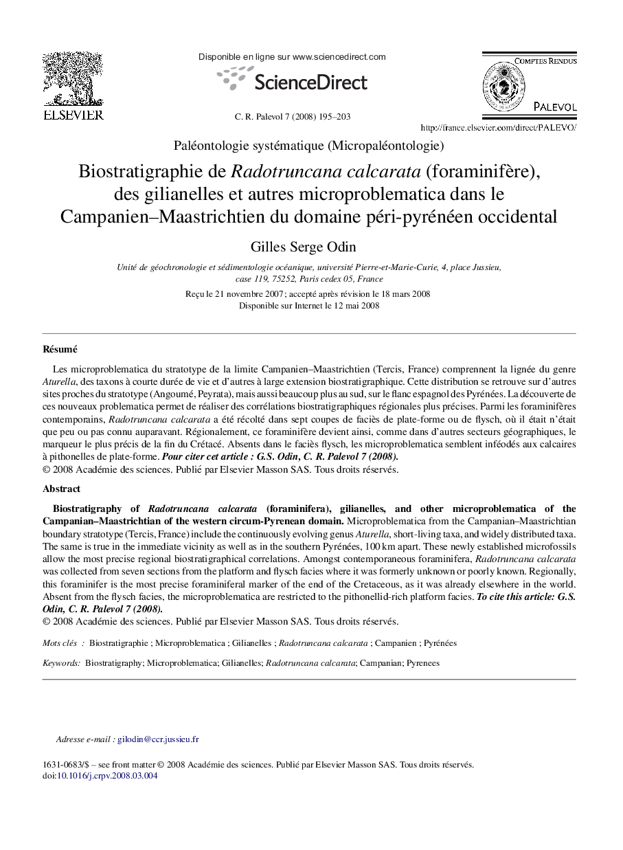 Biostratigraphie de Radotruncana calcarata (foraminifère), des gilianelles et autres microproblematica dans le Campanien–Maastrichtien du domaine péri-pyrénéen occidental