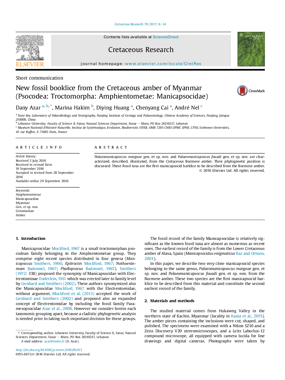 booklice فسیلی جدید از کهربا کرتاسه میانمار (Psocodea: Troctomorpha: Amphientometae: Manicapsocidae)