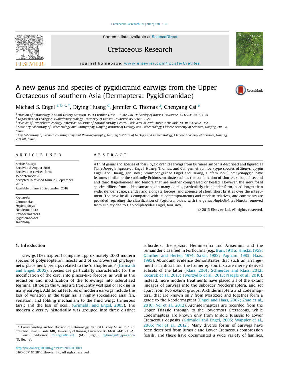 جنس و گونه های جدیدی از کرتاسه بالا از آسیای جنوب شرقی (درماپترا: Pygidicranidae) از گونه های (پیگیدایکراینید) گوش‌خیزک