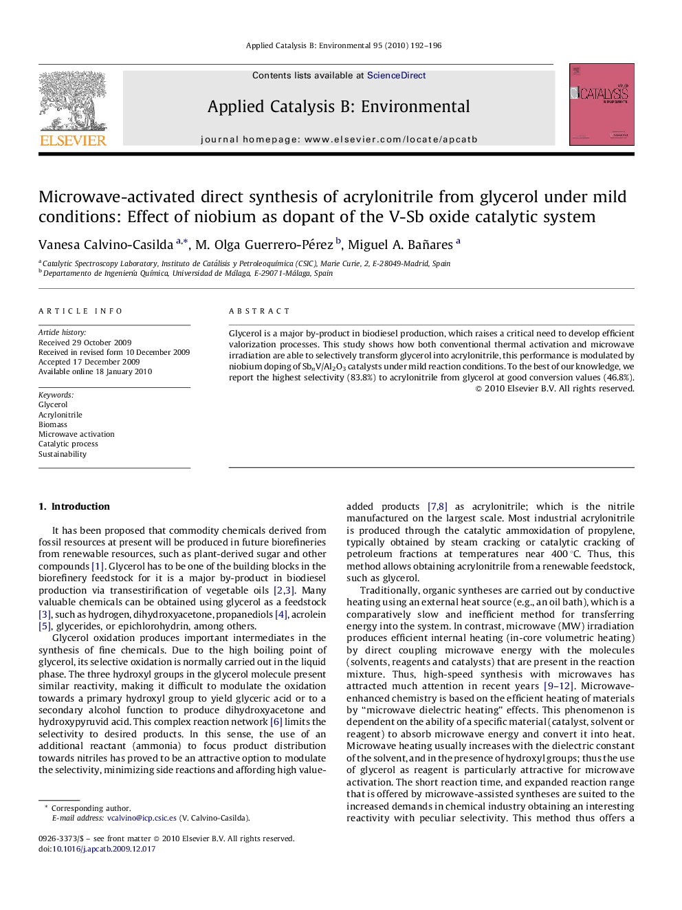 Microwave-activated direct synthesis of acrylonitrile from glycerol under mild conditions: Effect of niobium as dopant of the V-Sb oxide catalytic system