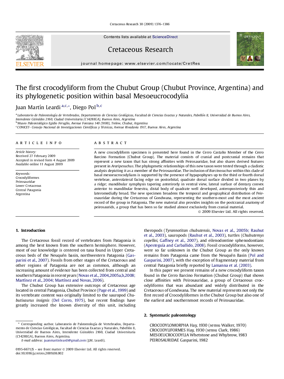 The first crocodyliform from the Chubut Group (Chubut Province, Argentina) and its phylogenetic position within basal Mesoeucrocodylia
