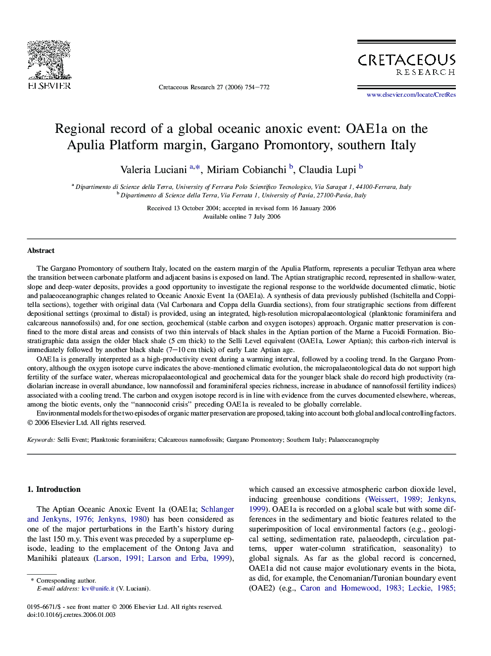 Regional record of a global oceanic anoxic event: OAE1a on the Apulia Platform margin, Gargano Promontory, southern Italy