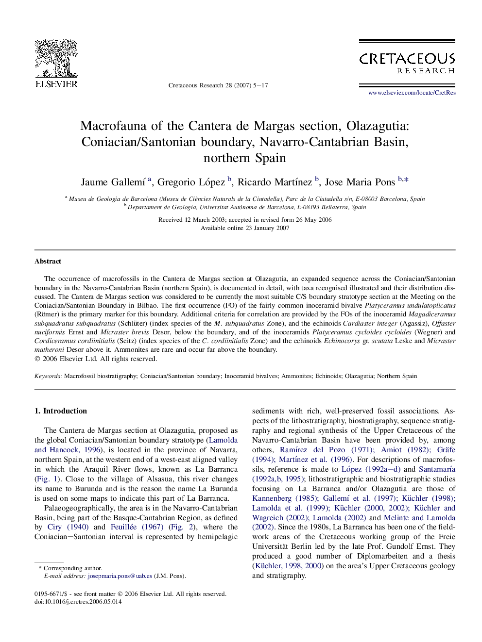 Macrofauna of the Cantera de Margas section, Olazagutia: Coniacian/Santonian boundary, Navarro-Cantabrian Basin, northern Spain