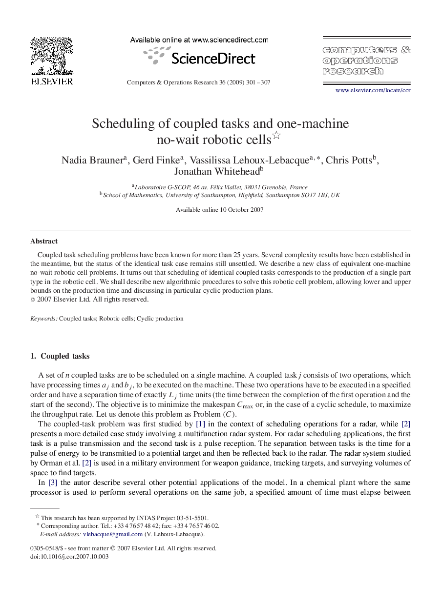 Scheduling of coupled tasks and one-machine no-wait robotic cells 