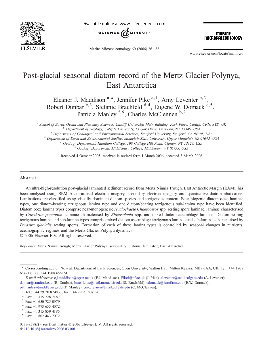 Post-glacial seasonal diatom record of the Mertz Glacier Polynya, East Antarctica