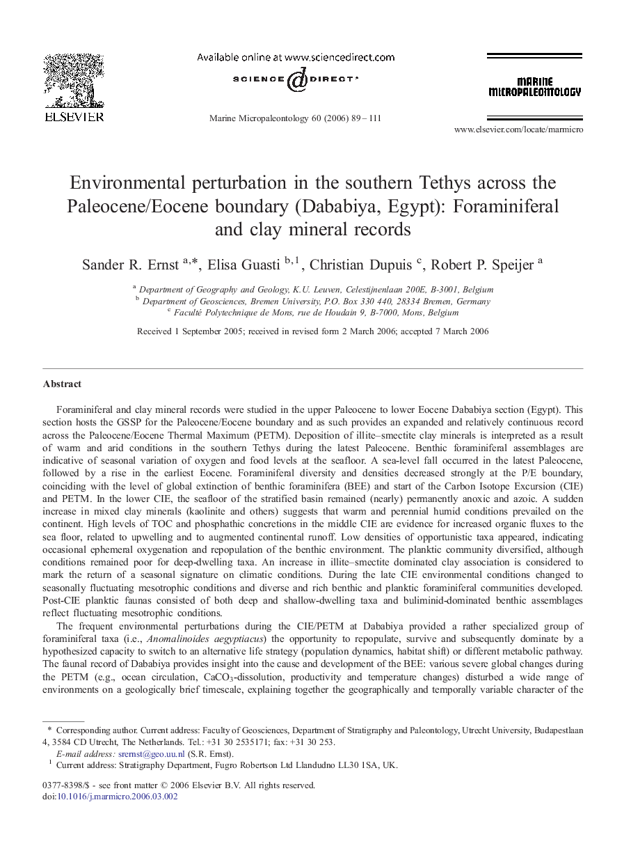Environmental perturbation in the southern Tethys across the Paleocene/Eocene boundary (Dababiya, Egypt): Foraminiferal and clay mineral records