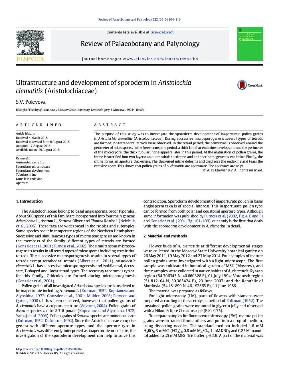 Ultrastructure and development of sporoderm in Aristolochia clematitis (Aristolochiaceae)