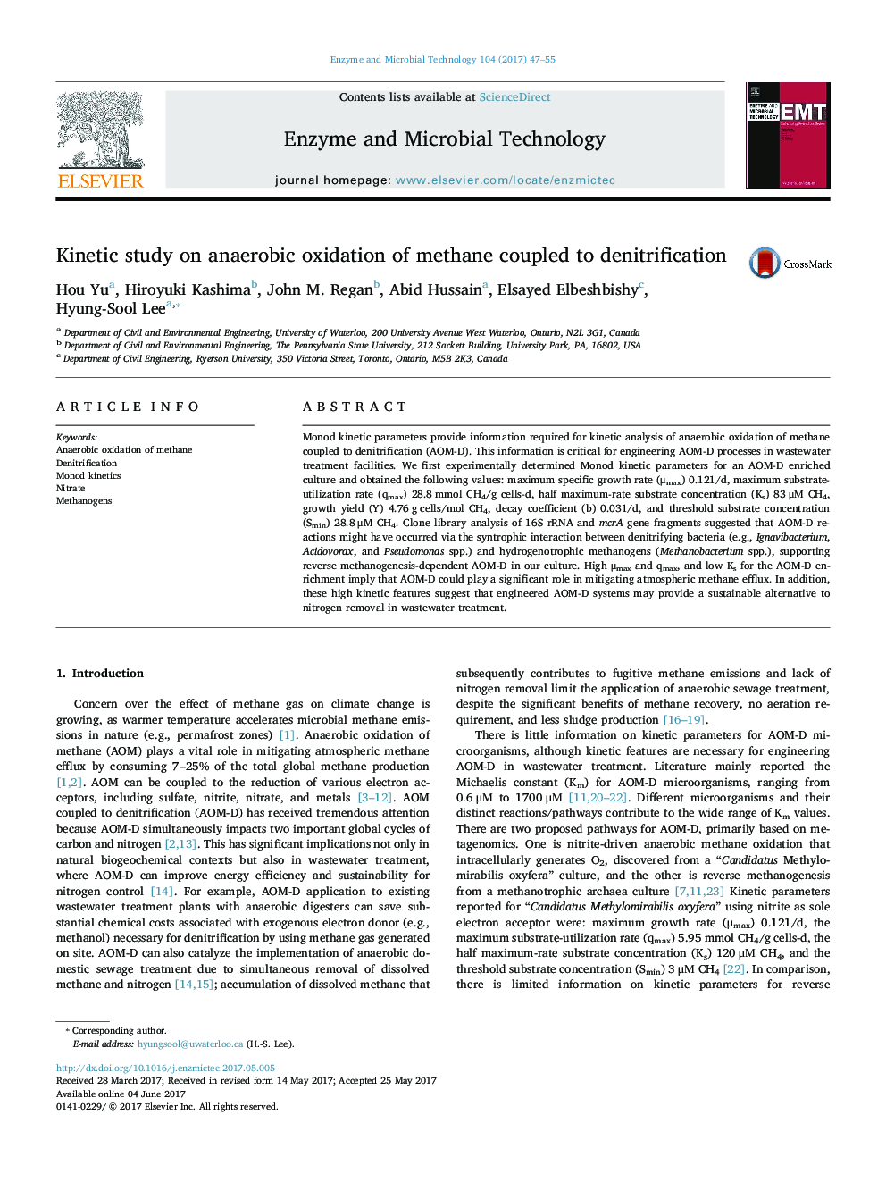 Kinetic study on anaerobic oxidation of methane coupled to denitrification