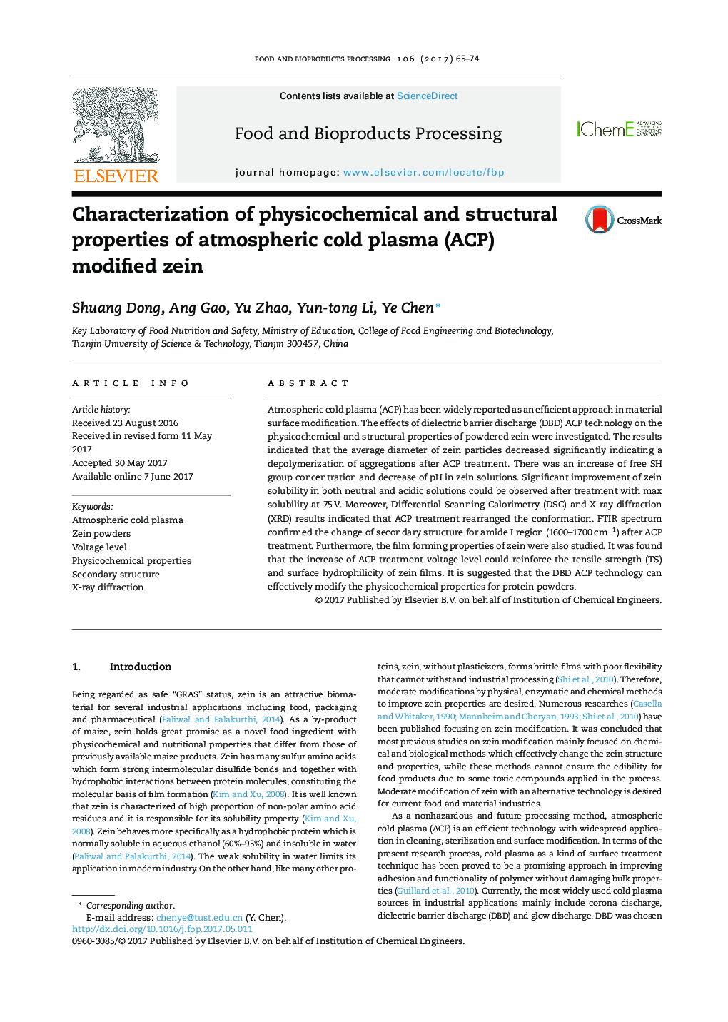 Characterization of physicochemical and structural properties of atmospheric cold plasma (ACP) modified zein