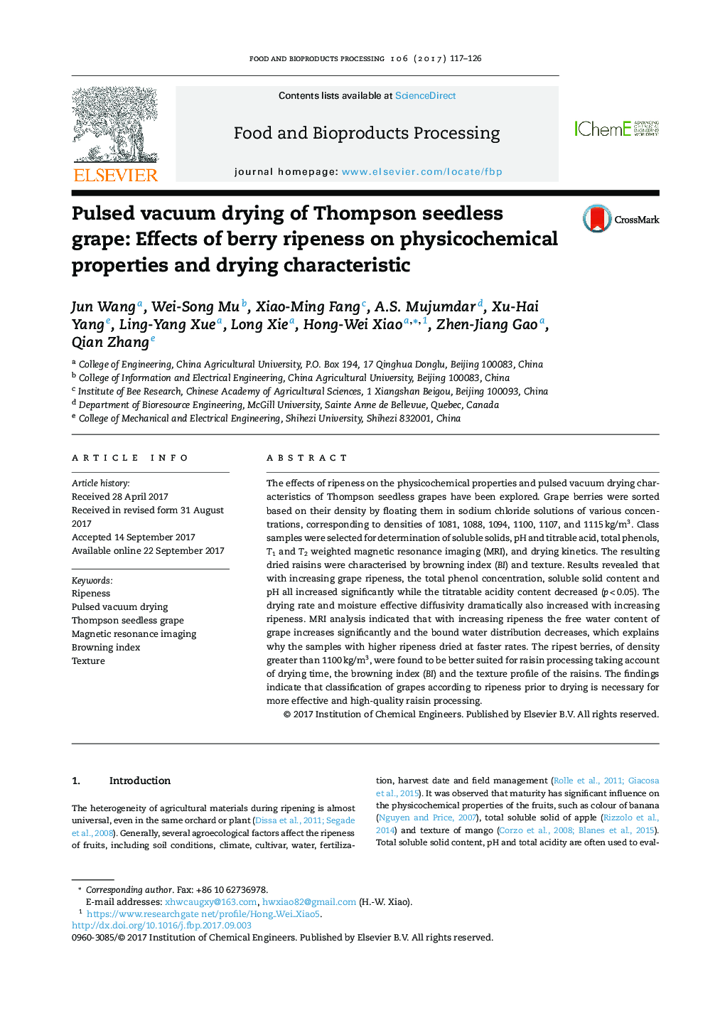 Pulsed vacuum drying of Thompson seedless grape: Effects of berry ripeness on physicochemical properties and drying characteristic