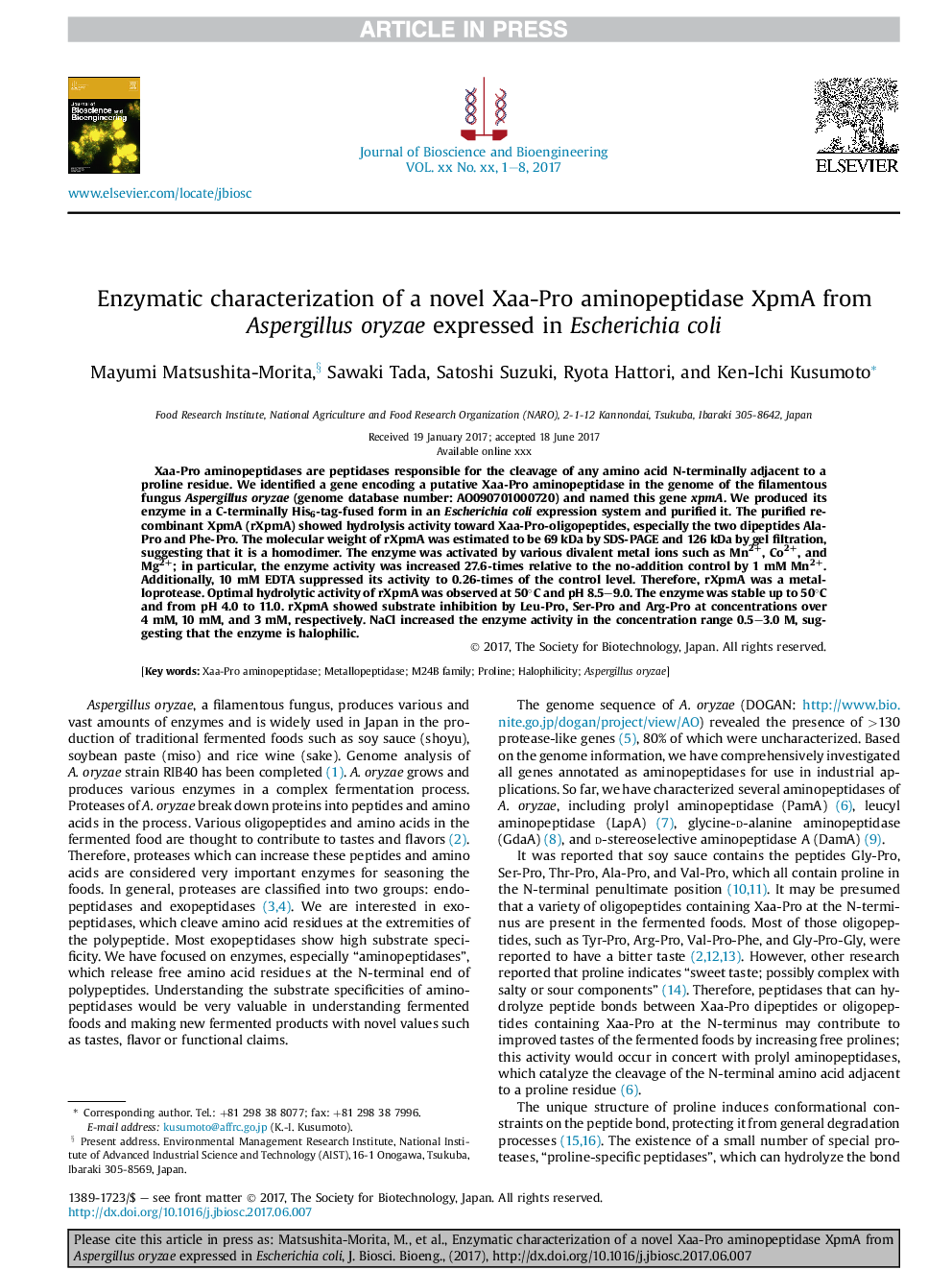 Enzymatic characterization of a novel Xaa-Pro aminopeptidase XpmA from Aspergillus oryzae expressed in Escherichia coli