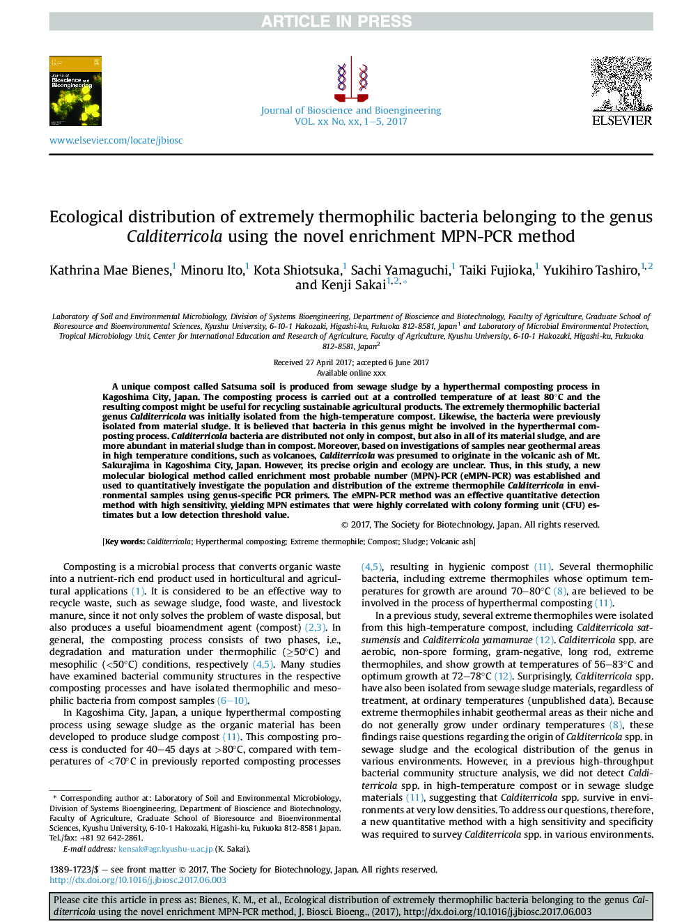 Ecological distribution of extremely thermophilic bacteria belonging to the genus Calditerricola using the novel enrichment MPN-PCR method