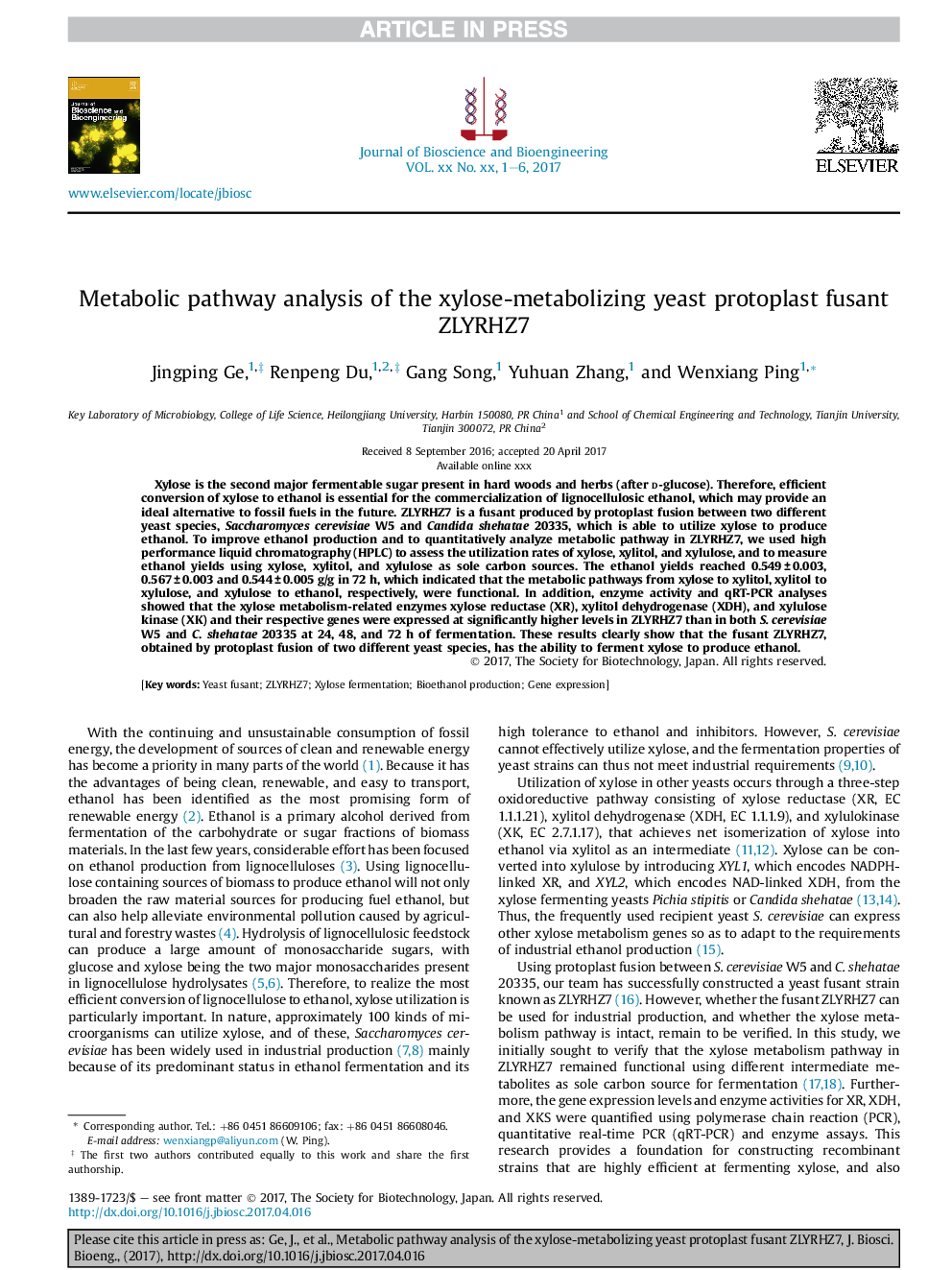 Metabolic pathway analysis of the xylose-metabolizing yeast protoplast fusant ZLYRHZ7