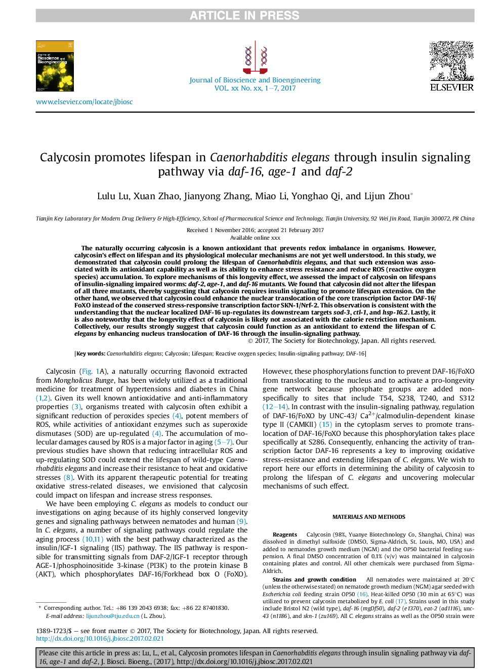 Calycosin promotes lifespan in Caenorhabditis elegans through insulin signaling pathway via daf-16, age-1 and daf-2