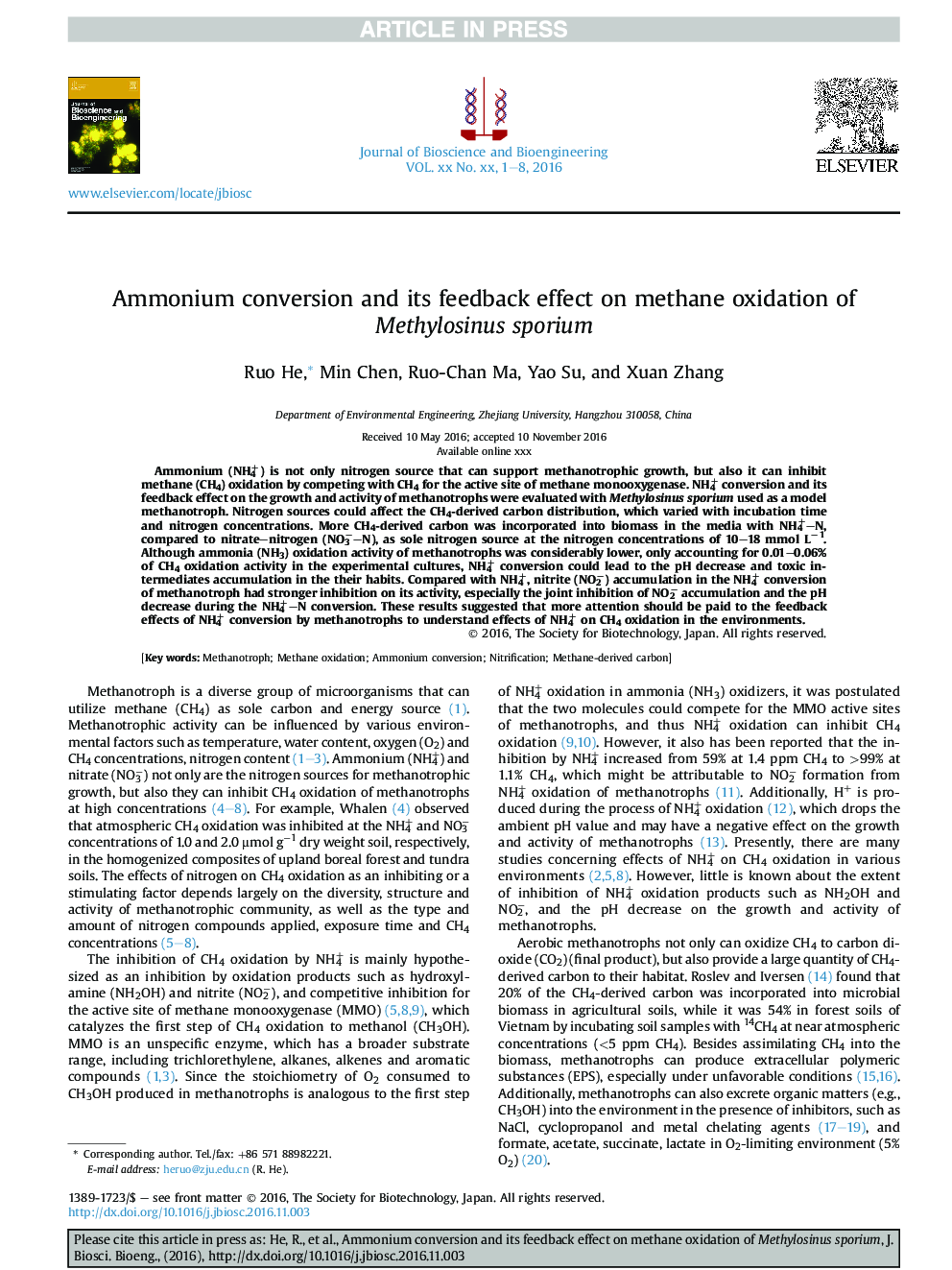 Ammonium conversion and its feedback effect on methane oxidation of Methylosinus sporium