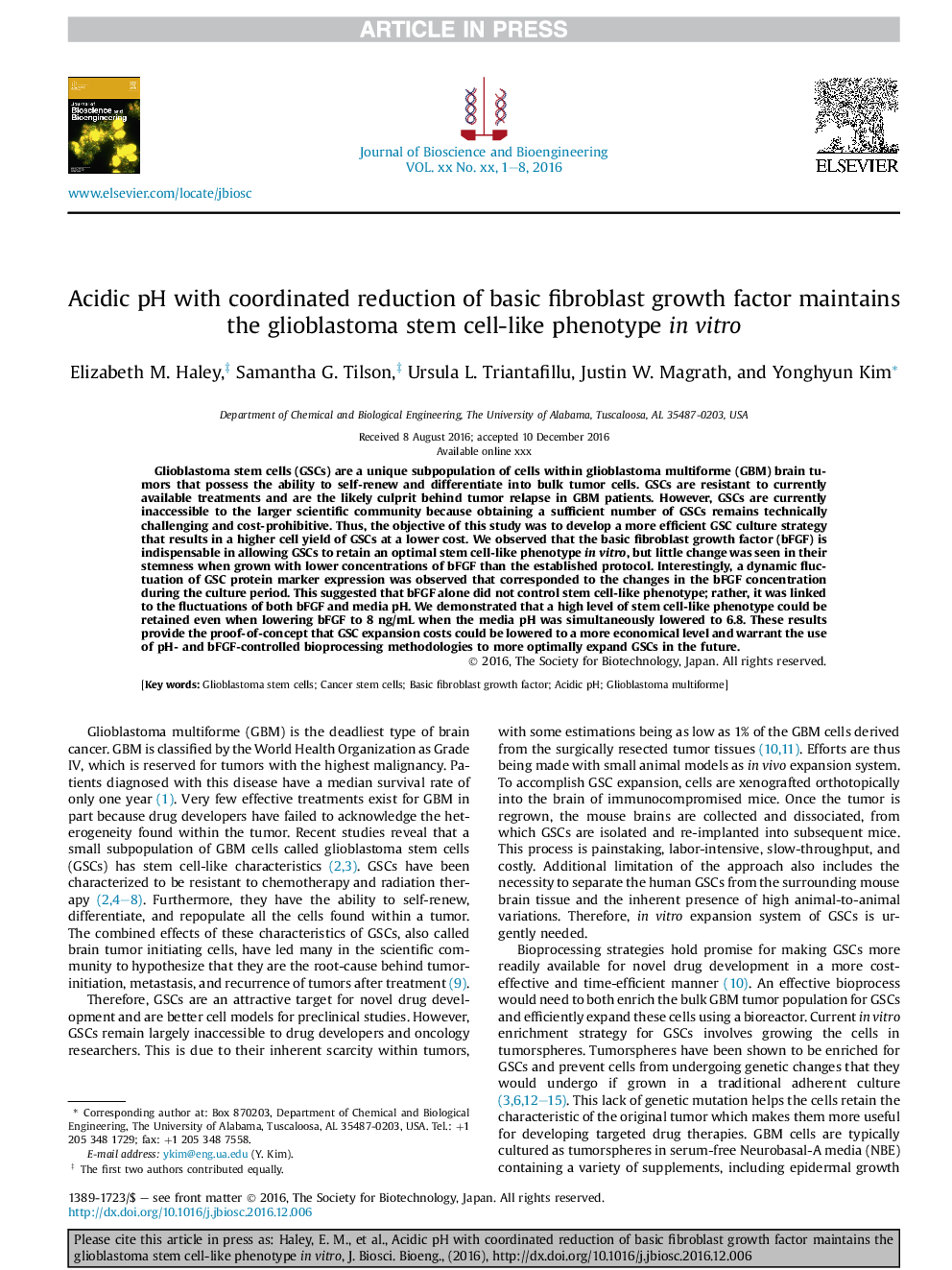 Acidic pH with coordinated reduction of basic fibroblast growth factor maintains the glioblastoma stem cell-like phenotype inÂ vitro