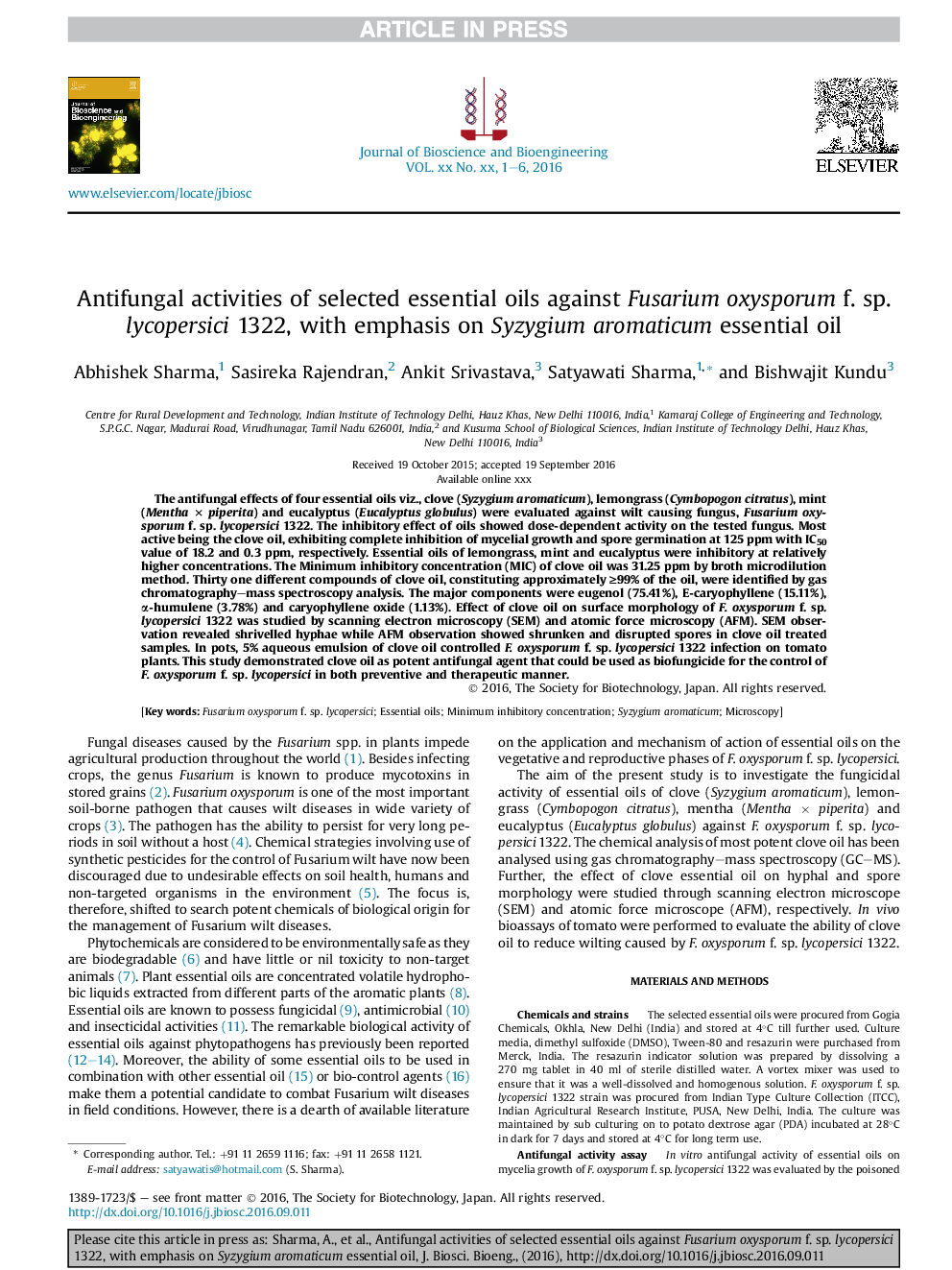 Antifungal activities of selected essential oils against Fusarium oxysporum f. sp. lycopersici 1322, with emphasis on Syzygium aromaticum essential oil