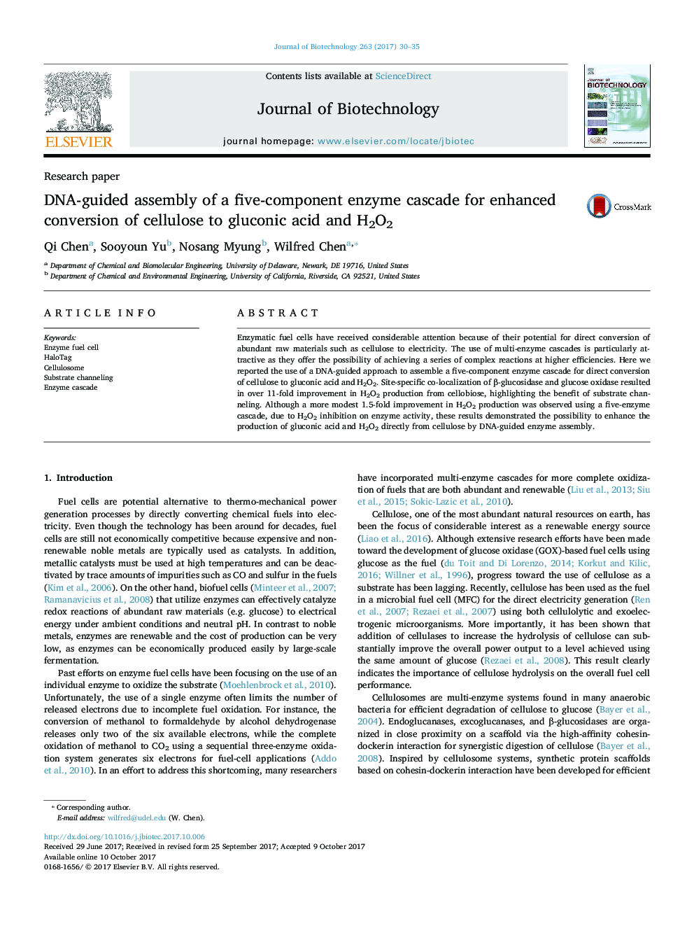 Research paperDNA-guided assembly of a five-component enzyme cascade for enhanced conversion of cellulose to gluconic acid and H2O2