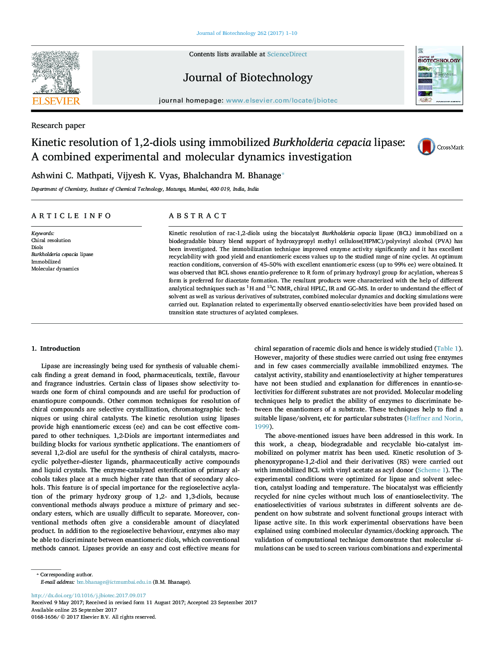 Research paperKinetic resolution of 1,2-diols using immobilized Burkholderia cepacia lipase: A combined experimental and molecular dynamics investigation