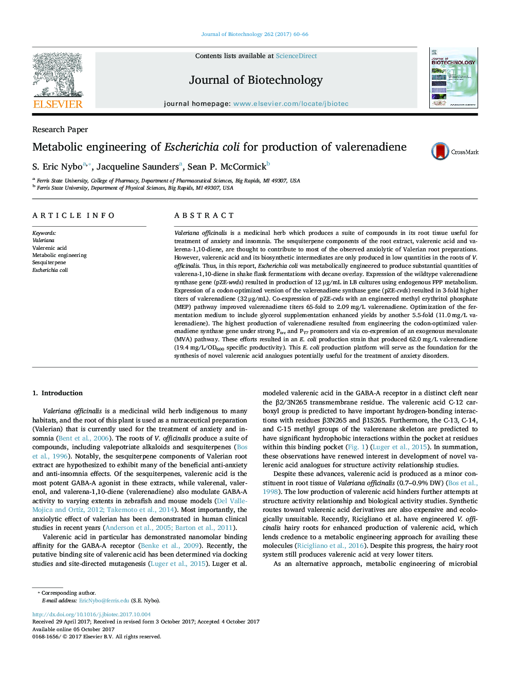 Research PaperMetabolic engineering of Escherichia coli for production of valerenadiene
