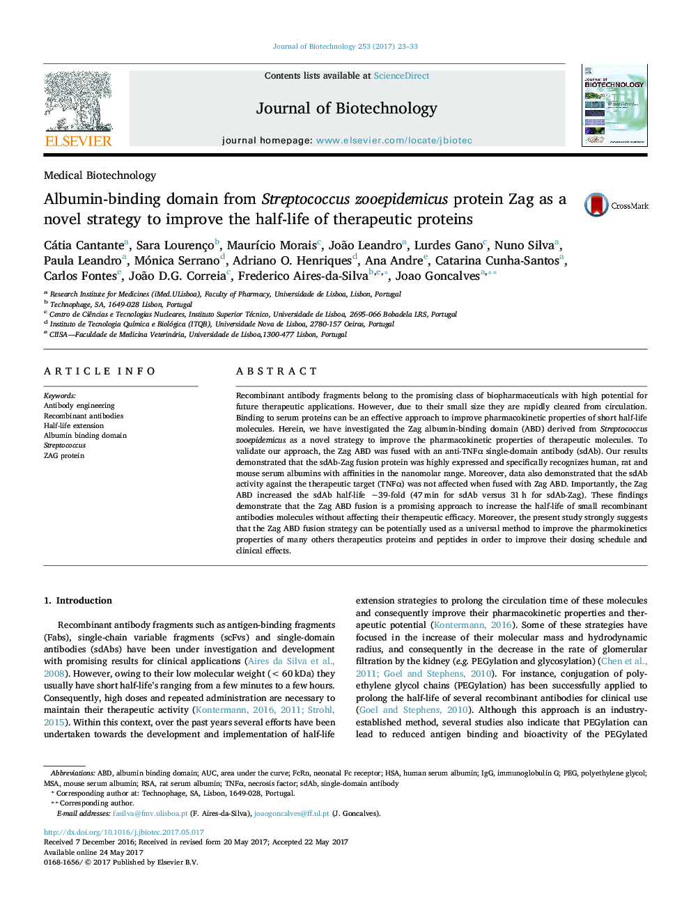 Medical BiotechnologyAlbumin-binding domain from Streptococcus zooepidemicus protein Zag as a novel strategy to improve the half-life of therapeutic proteins