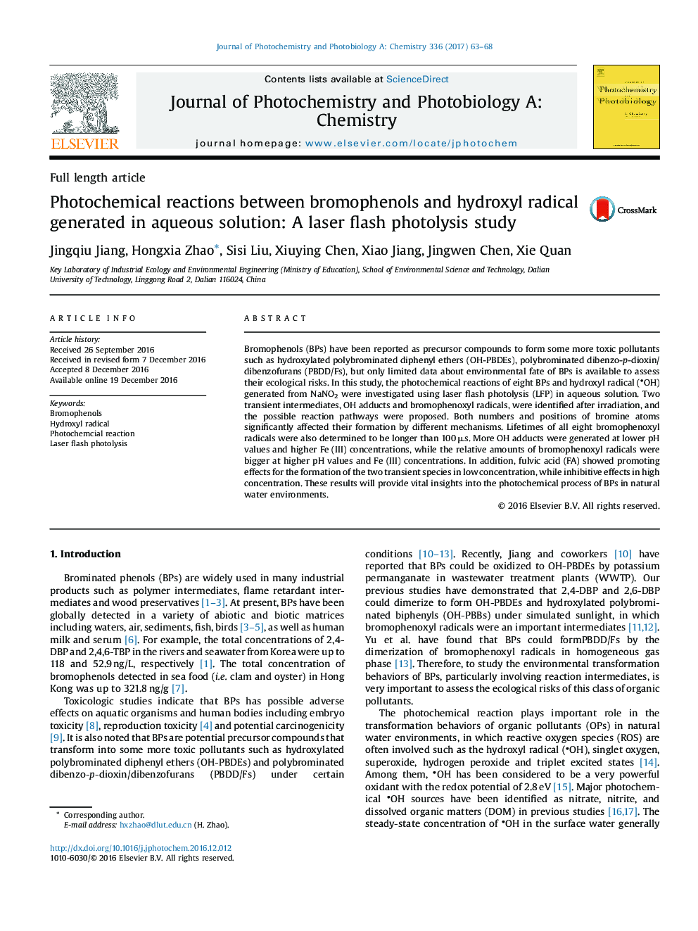 واکنش های عکس شیمیایی بین بروموفنول ها و رادیکال هیدروکسیل تولید شده در محلول های آبی: یک مطالعه فوتولیز لیزر فلش 