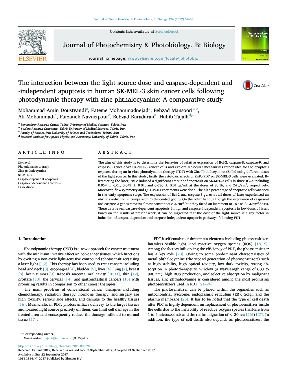 The interaction between the light source dose and caspase-dependent and -independent apoptosis in human SK-MEL-3 skin cancer cells following photodynamic therapy with zinc phthalocyanine: A comparative study