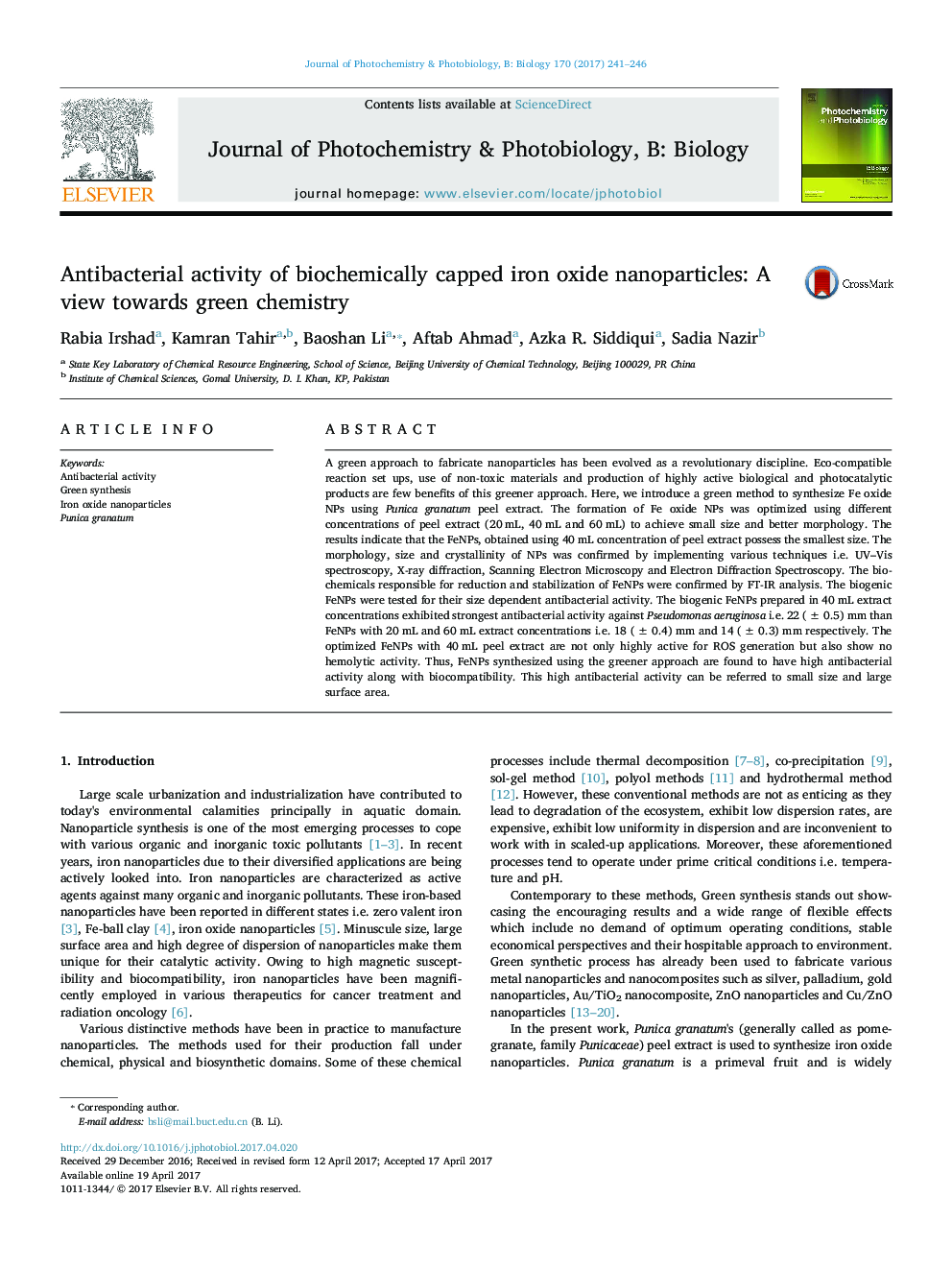 فعالیت آنتی باکتریال نانوذرات اکسید آهن با غلظت بیوشیمیایی: دیدگاه نسبت به مواد شیمیای سبز 