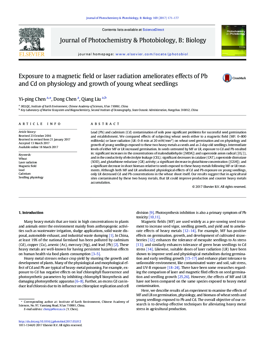 Exposure to a magnetic field or laser radiation ameliorates effects of Pb and Cd on physiology and growth of young wheat seedlings