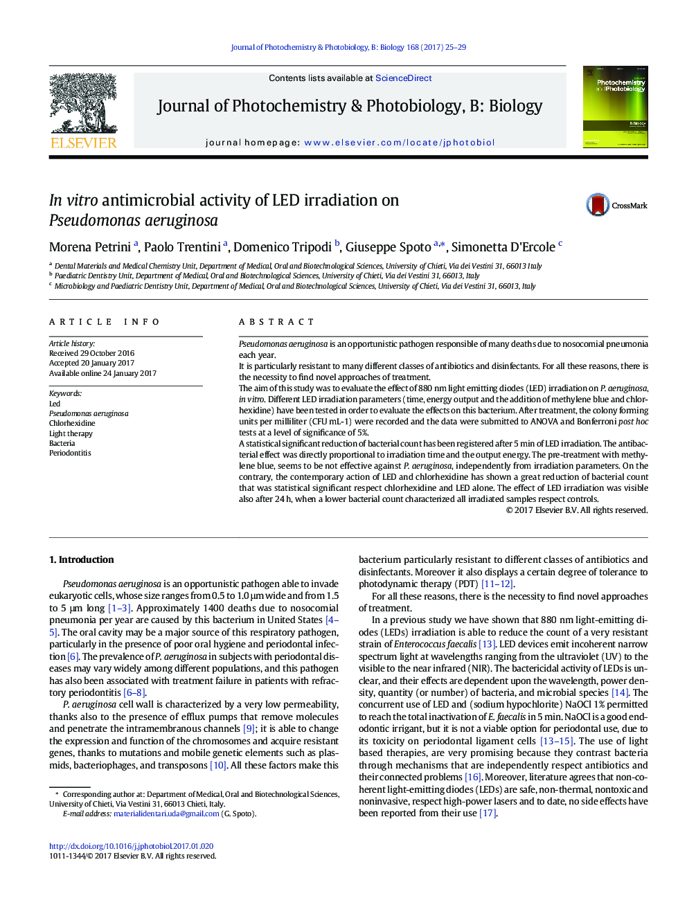 In vitro antimicrobial activity of LED irradiation on Pseudomonas aeruginosa