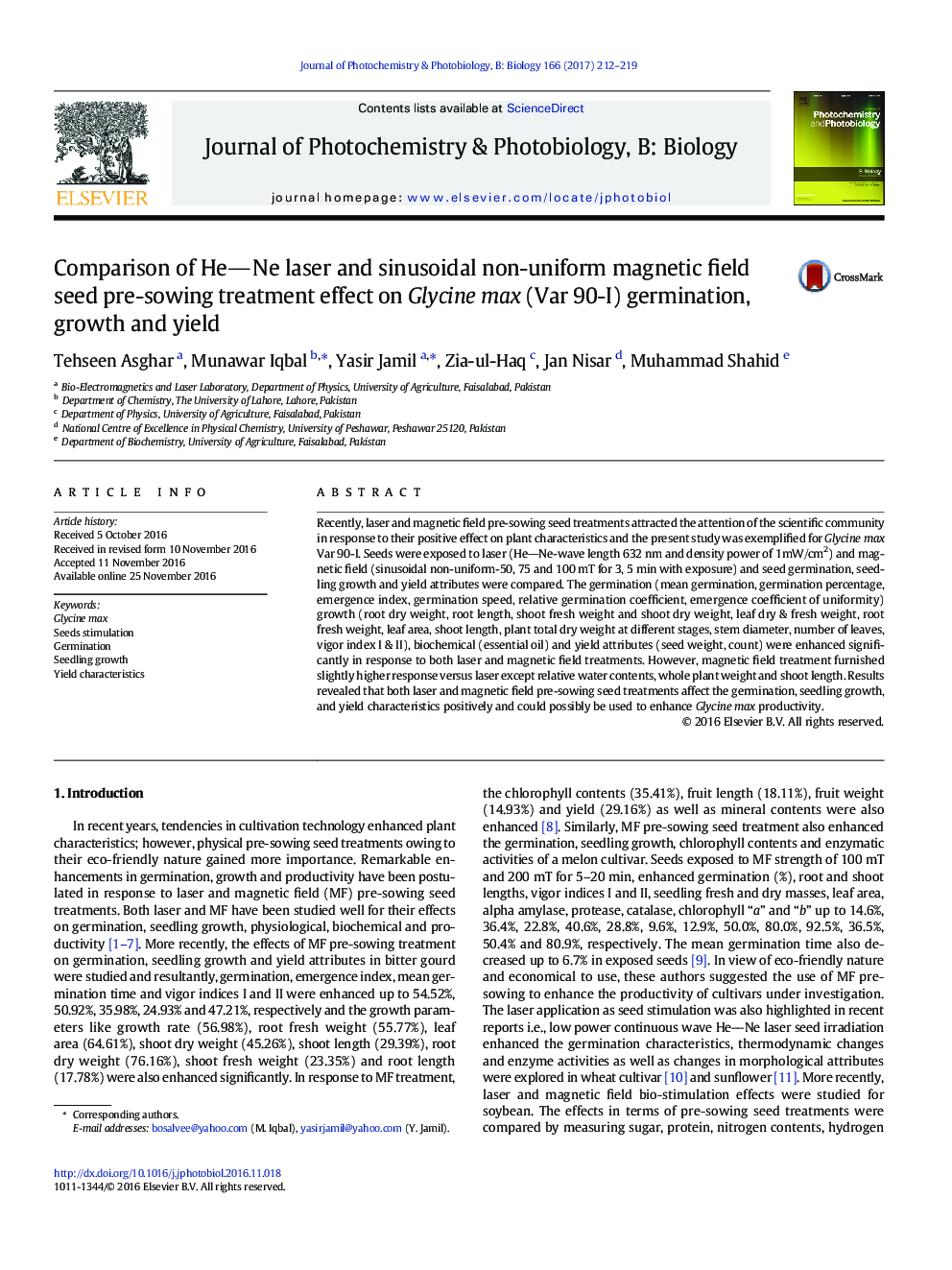 Comparison of HeNe laser and sinusoidal non-uniform magnetic field seed pre-sowing treatment effect on Glycine max (Var 90-I) germination, growth and yield