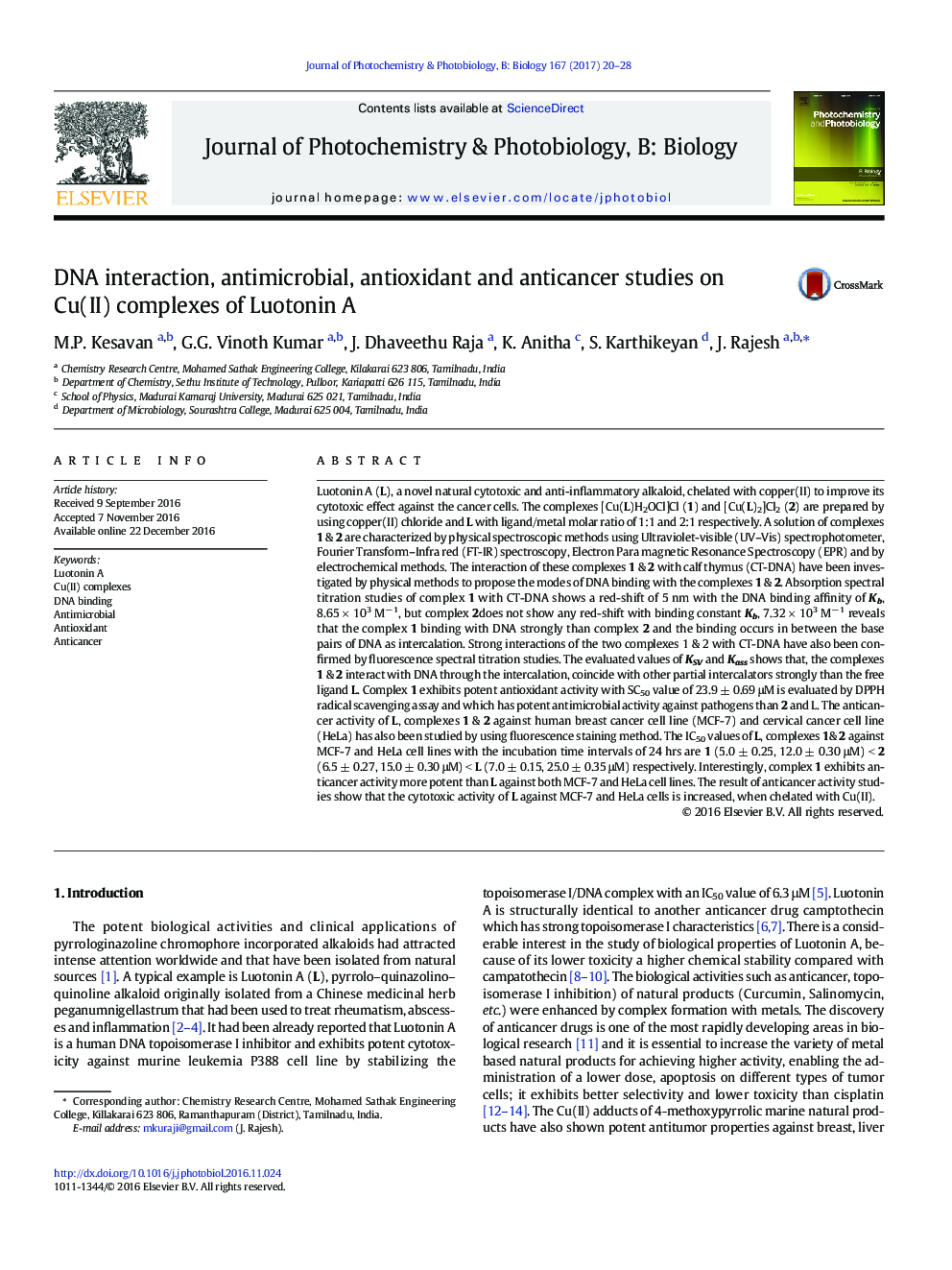 DNA interaction, antimicrobial, antioxidant and anticancer studies on Cu(II) complexes of Luotonin A