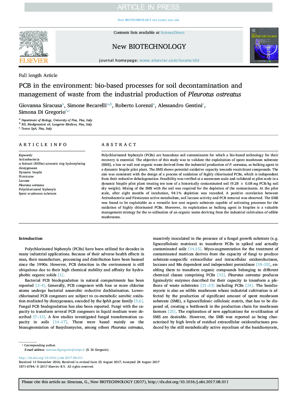 PCB in the environment: bio-based processes for soil decontamination and management of waste from the industrial production of Pleurotus ostreatus