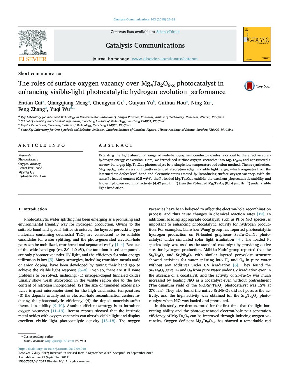 The roles of surface oxygen vacancy over Mg4Ta2O9-x photocatalyst in enhancing visible-light photocatalytic hydrogen evolution performance