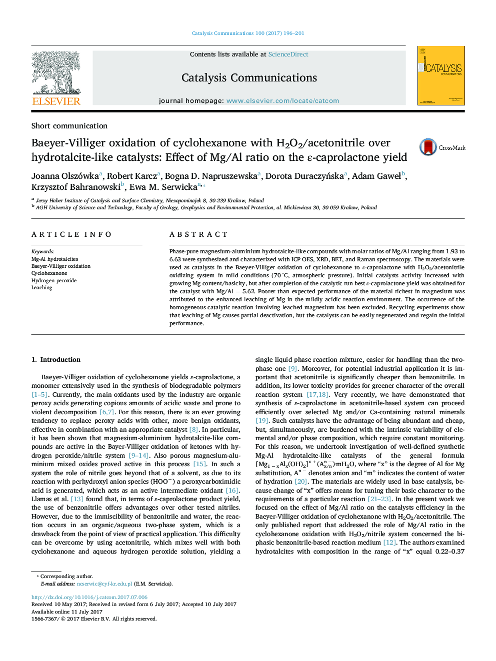 Baeyer-Villiger oxidation of cyclohexanone with H2O2/acetonitrile over hydrotalcite-like catalysts: Effect of Mg/Al ratio on the Îµ-caprolactone yield