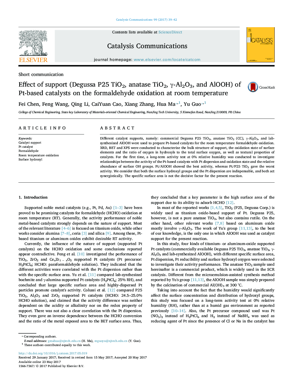Effect of support (Degussa P25 TiO2, anatase TiO2, Î³-Al2O3, and AlOOH) of Pt-based catalysts on the formaldehyde oxidation at room temperature