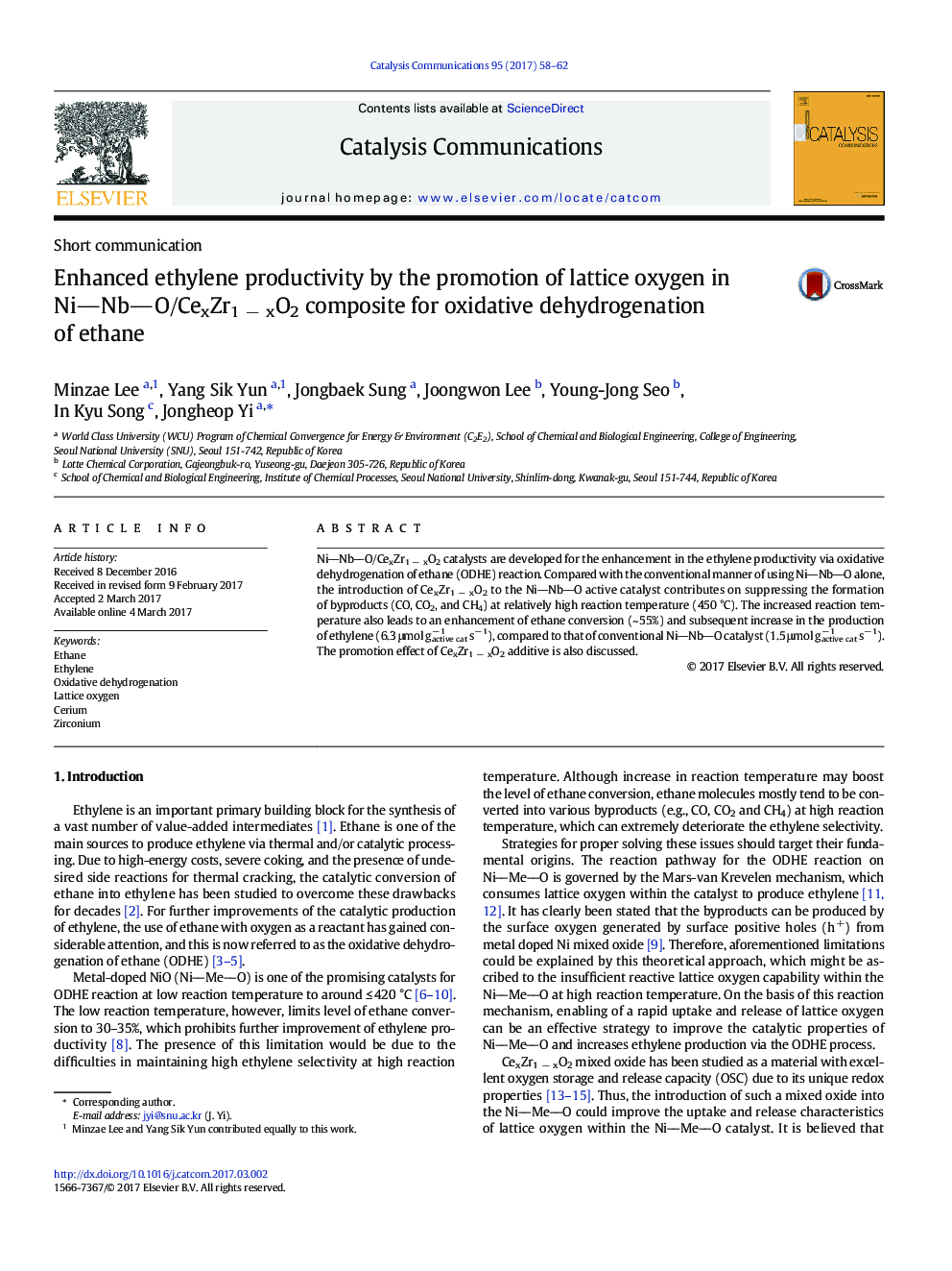 Enhanced ethylene productivity by the promotion of lattice oxygen in NiNbO/CexZr1Â âÂ xO2 composite for oxidative dehydrogenation of ethane