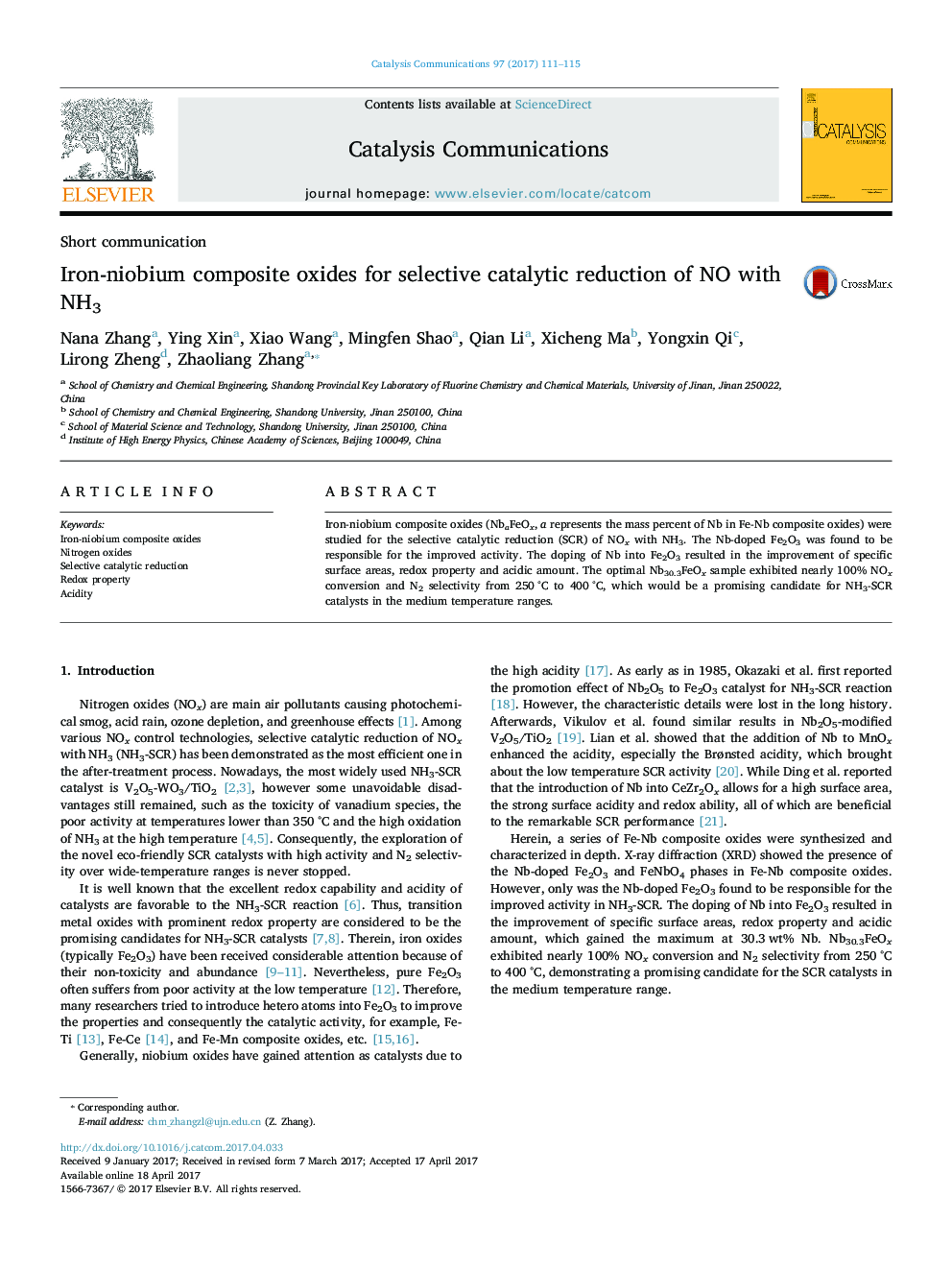 Iron-niobium composite oxides for selective catalytic reduction of NO with NH3