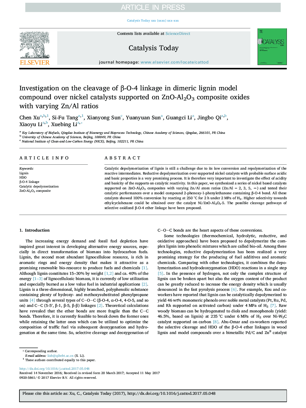 Investigation on the cleavage of Î²-O-4 linkage in dimeric lignin model compound over nickel catalysts supported on ZnO-Al2O3 composite oxides with varying Zn/Al ratios
