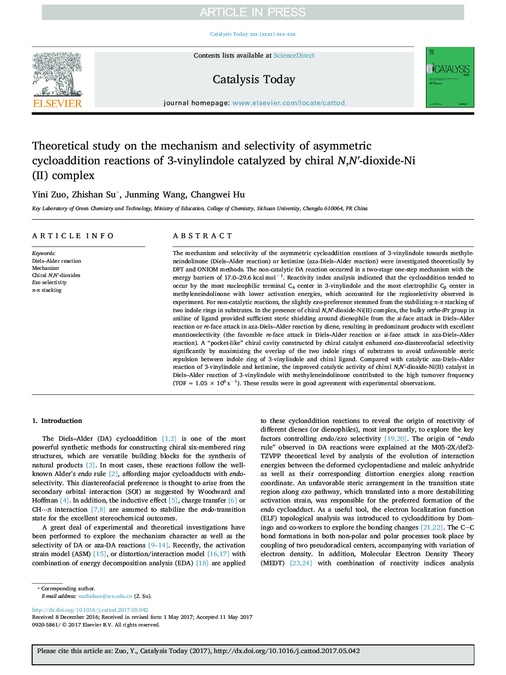 Theoretical study on the mechanism and selectivity of asymmetric cycloaddition reactions of 3-vinylindole catalyzed by chiral N,N'-dioxide-Ni(II) complex